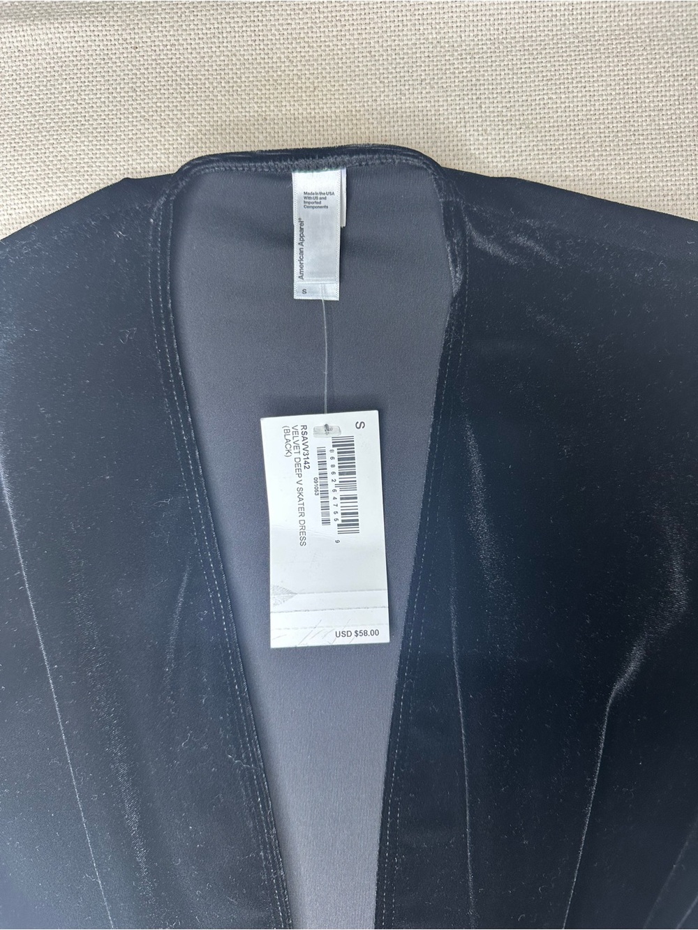 NWT American Apparel Velvet Black Deep V Skater Dress Size Small - Picture 2 of 6